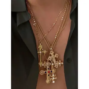 4pcs Vintage Punk Cross Necklace Set – Gothic Style Chain Accessories for Men, Edgy Daily Wear Jewelry, Perfect Gift for Him/she