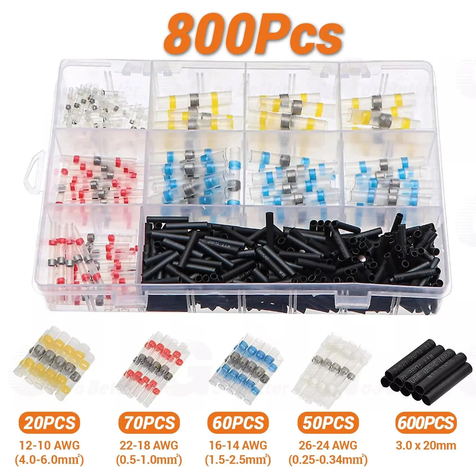 800pcs Crimpless Solder Seal Butt Wire Connectors with Polyethylene Heat Shrink Sleeve, Waterproof Terminals for Automotive, Marine Applications