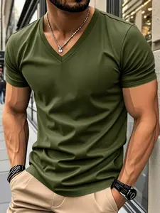 Men's high-quality polyester quick-drying breathable V-neck short-sleeved T-shirt for summer, street-style plain-color casual fashion T-shirt, youth sport-style T-shirt shirt, Activewear T Shirt, Quick Drying Top, Athletic Shirt