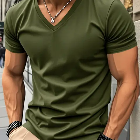 Men's Polyester Quick-Dry Breathable V-Neck Short-Sleeve T-Shirt, Street-Style Plain Casual Activewear Top for Summer
