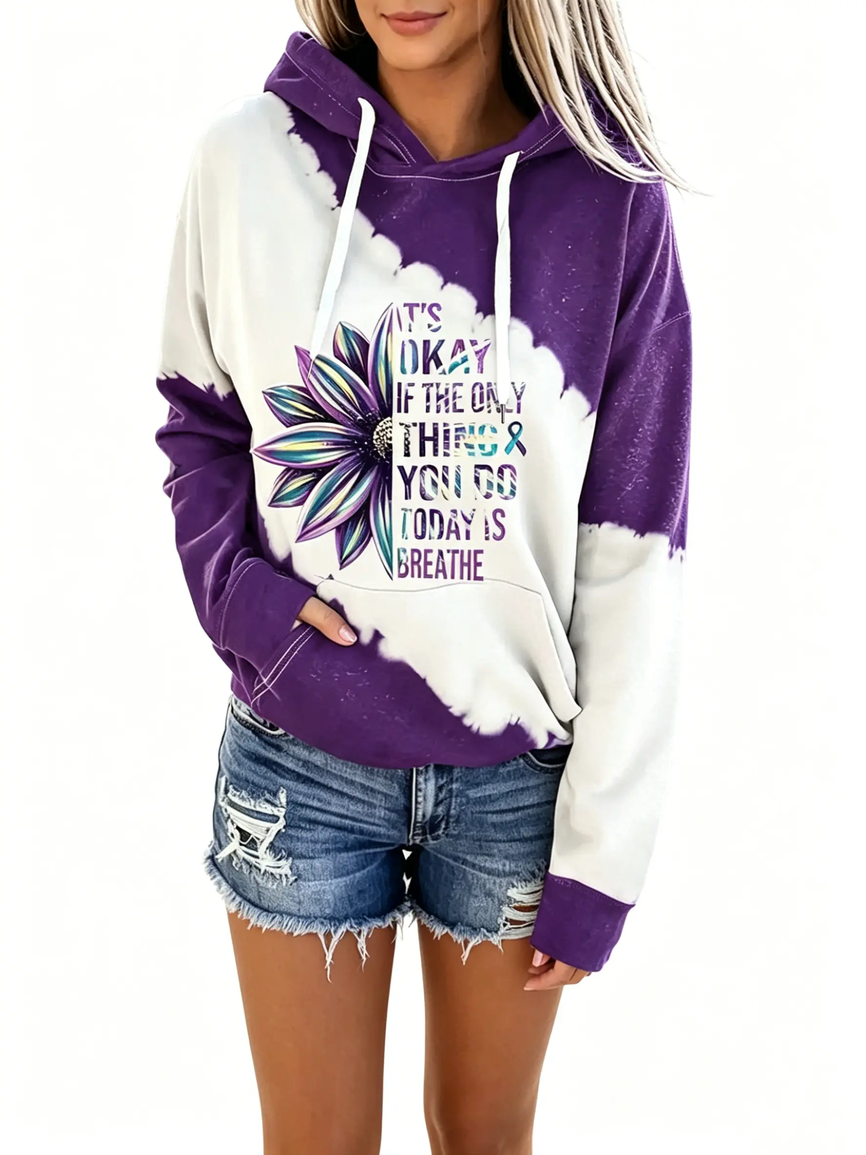 Women's Casual Tie-Dye Hoodie, Loose Fitting Long Sleeve Pullover Sweatshirt with Sunflower Graphic, Quote & Pocket, Everyday, Long Sleeves, Medium Length, Sunflower Motif, Retro Vibe, Polyester Knit, Women's Clothes, Adjustable Drawcord