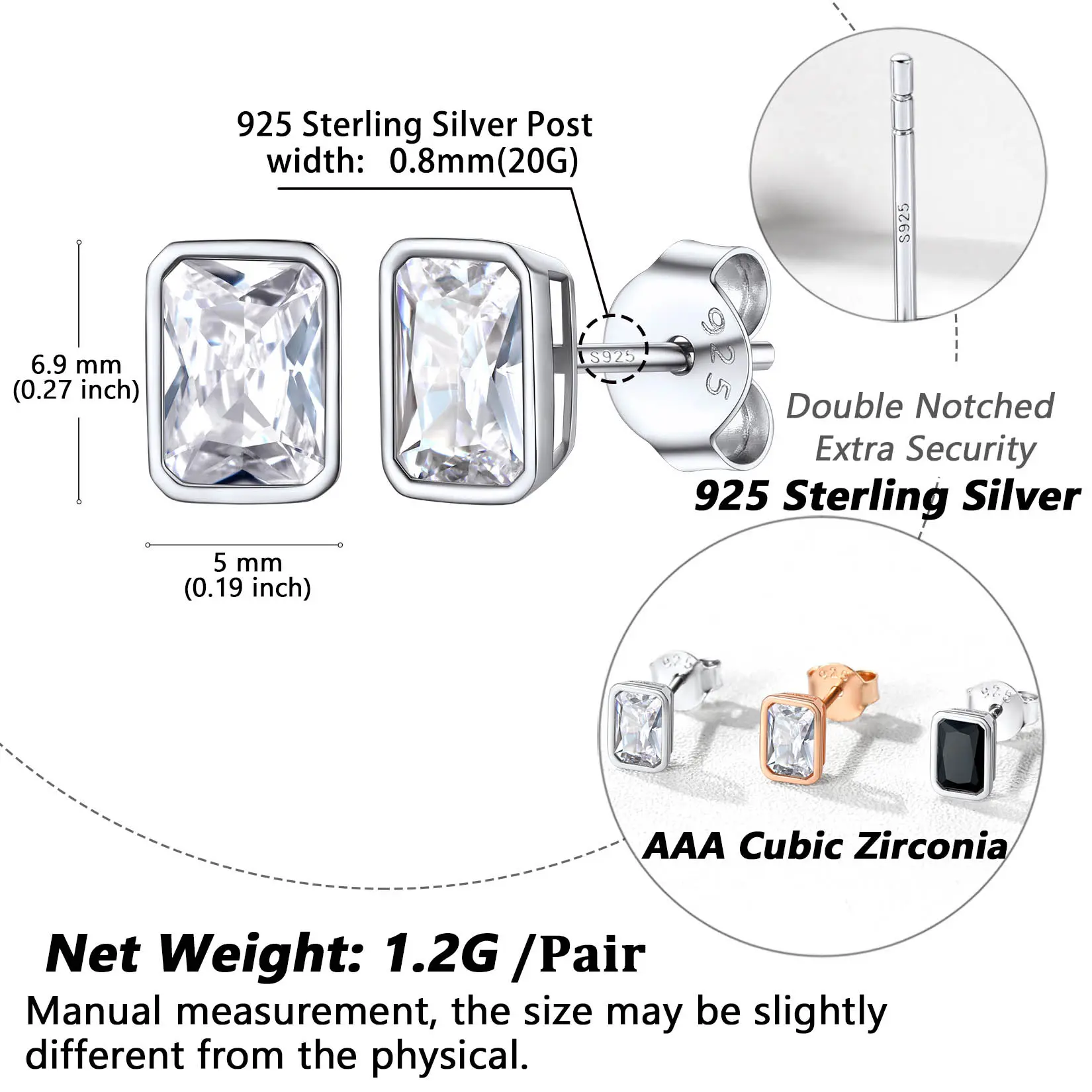 ChicSilver S925 Earring Sparkling Rectangular 4mm/ 5mm/ 7mm Cubic Zirconia Stud Earrings for Women Men ChicSilver S925 Earring Sparkling Rectangular 4mm/ 5mm/ 7mm Cubic Zirconia Stud Earrings for Women Men