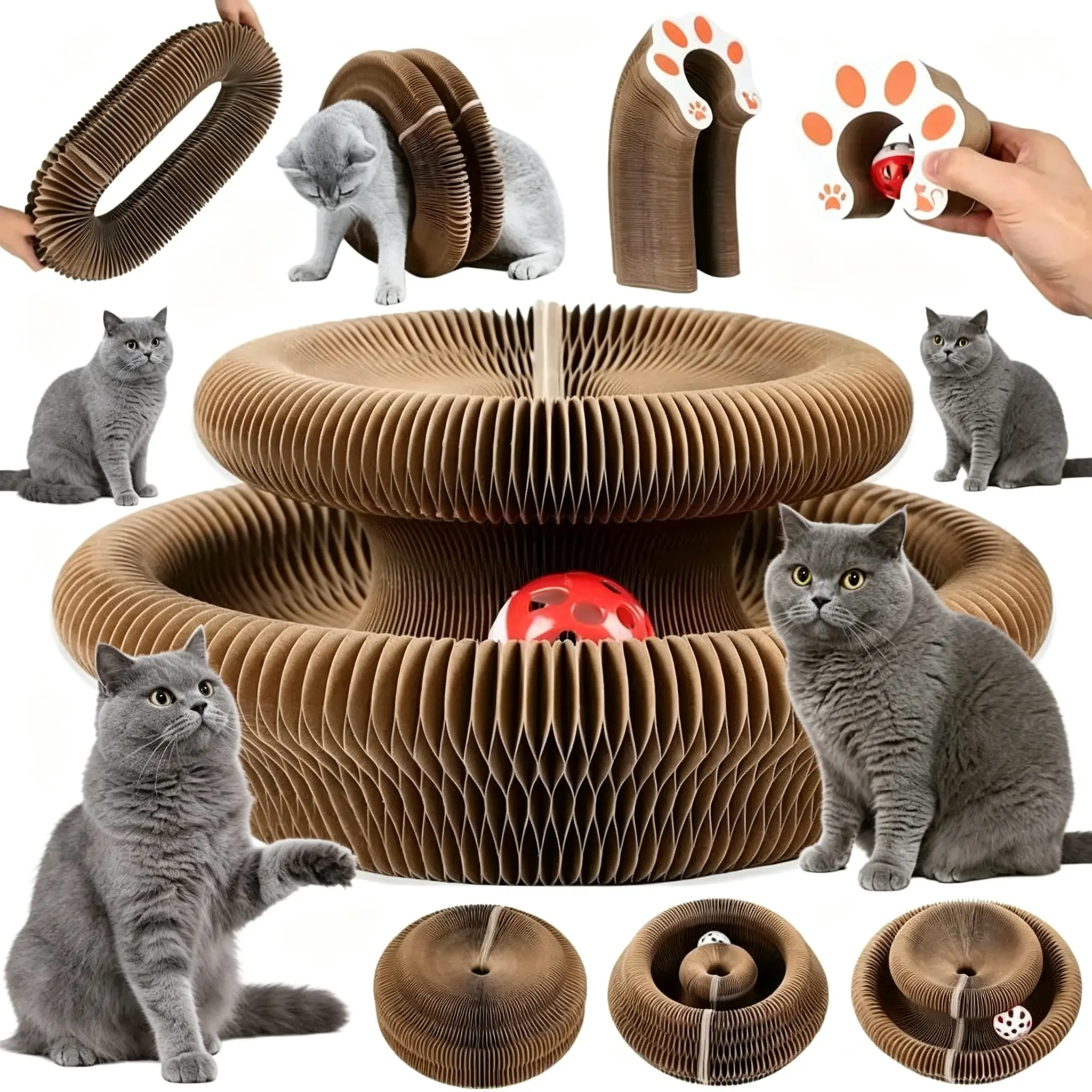 Interactive Magic Organ Cat Scratching Board with Bell Ball, Foldable Corrugated Cardboard Accordion Scratcher Pad, Recyclable Indoor Pet Puzzle Track Toy for Claws Training