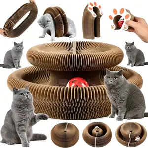 Interactive Magic Organ Cat Scratching Board with Bell Ball, Foldable Corrugated Cardboard Accordion Scratcher Pad, Recyclable Indoor Pet Puzzle Track Toy for Claws Training