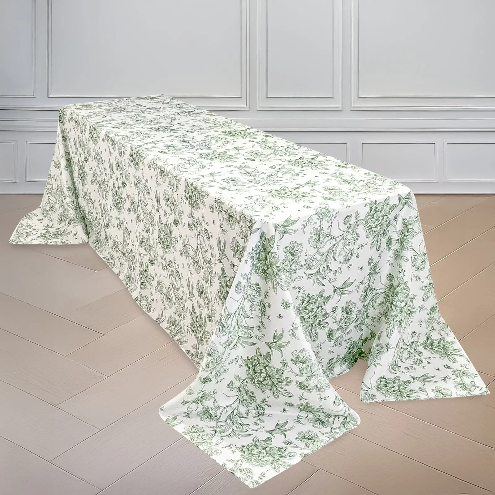Rectangle Tablecloth, 90"x156" White with Dusty Sage Green French Toile Pattern - Seamless Machine Wash Large Outdoor Tablecloth for Weddings, Events, Large Outdoor Tablecloths