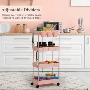 New 4-Tier Slim Storage Cart with Wheels - Mobile Bathroom Organizer with Dividers Hanging Cups Hooks and Handle - Easy Assembly Pink Space-Saving Laundry Cart Organizer Rack Unit for Makeup and Lash Storage Plastic Wooden