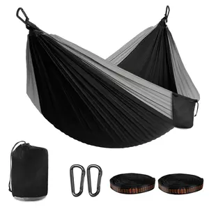 210T Nylon Double Camping Hammock 10ft×6.5ft Orange Gray, 500lbs Load, D-Rings Wide Straps Storage Bag, Breathable Portable for Outdoor Camping