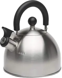 Stewart Whistling Stovetop Tea Kettle Food Grade Stainless Steel, Hot Water Fast to Boil, Cool Touch Folding, 1.5-Quart, Brushed with Black Handle Kitchenware Modern