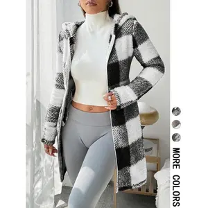 Women's Plaid Fleece Long Sleeve Hooded Coat, Casual Style, Moderate Fabric Thickness, All Seasons Wear, Comfortable Fit