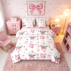 Pink Girls Daisy Flowers Bowknot Kids 7 Piece Bedding Set,Tulip Bow Floral Comforter Bed Set with Sheets,Love Hearts Cherry Bed Bag,Love Hearts Cherry Bed Set
