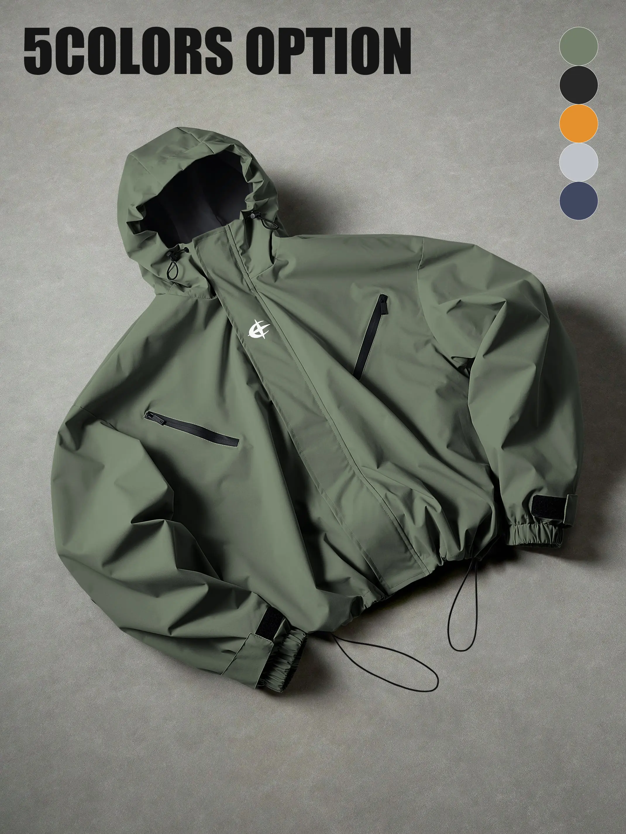 Men’s solid-color windproof functional hooded jacket with a drop-shoulder fit, drawstring hem, adjustable hood, waist cinching design, and two-way zippers at the chest and pockets; versatile outdoor camping, hiking, commuting workwear/hardshell jacket.
