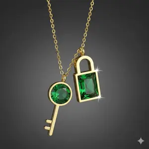 Gold-Plated Key Lock Necklace with Green Crystal – Stylish Everyday Fashion Jewelry