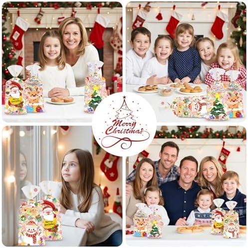 100 Pcs Christmas Treat Bags - Cute Merry Christmas Cellophane Bags, Plastic Christmass Gift Bags Bulk, Clear Winter Xmas Candy Cello Goodie Bag with Twist Ties for Xmas Party Favors Supplies