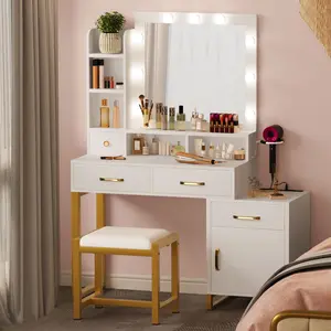 DWVO Vanity Desk with Mirror and Lights, Makeup Vanity Table with Charging Station, Drawers, Vanity Table with Chair, 3 Lighting Modes Brightness Adjustable, Bedroom