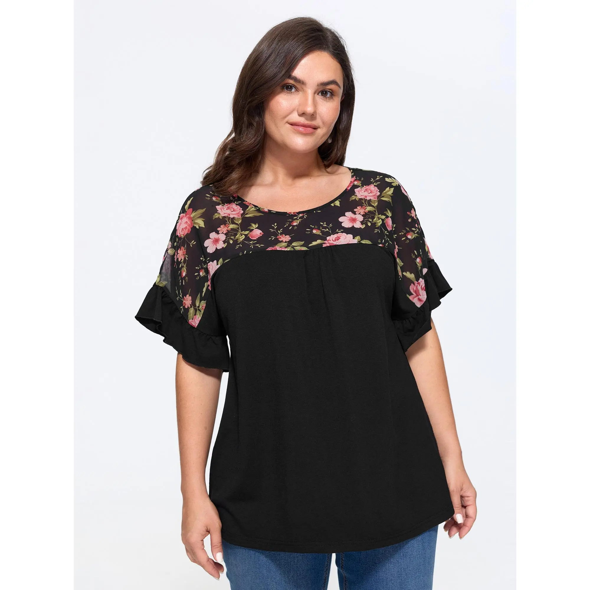 BLOOMCHIC Plus Size Supersoft Floral Print Ruffle Sleeve Patchwork Top[M-6X] Back To School,Spotlight Day