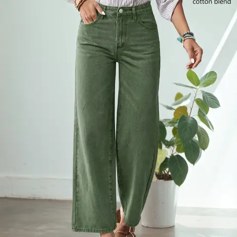 Women's Casual Cotton Fashion Denim Jeans, Loose Wide Leg Pants, Comfortable High Waist, Zipper Fly, Pockets, Casual Design Jeans, All Seasons, Long Regular Fit, High Waisted Jeans