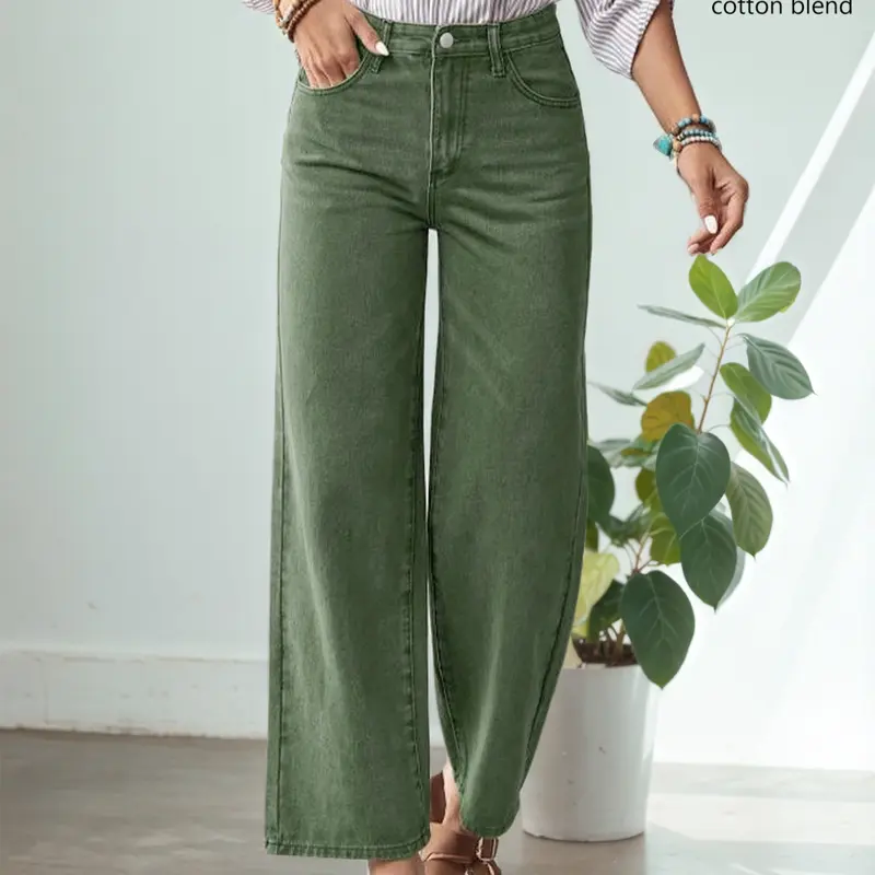 Women's Casual Cotton Fashion Denim Jeans, Loose Wide Leg Pants, Comfortable High Waist, Zipper Fly, Pockets, Casual Design Jeans, All Seasons, Long Regular Fit, High Waisted Jeans