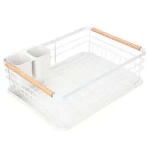Modern Wood Handle Dish Rack and Drain Board, 16.5" x 12" x 5.5" Kitchen Plate Cup Dish Drying Rack Tray Cutlery Dish Drainer
