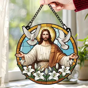 Jesus Faith and Hope Stained Glass & Custom Acrylic Wood Suncatcher for Window Hanging – Christian Religious Home Decor, Christian Faith Stained Glass Suncatcher, Jesus Stained Glass Window Hanging, Religious Acrylic Wood Suncatcher