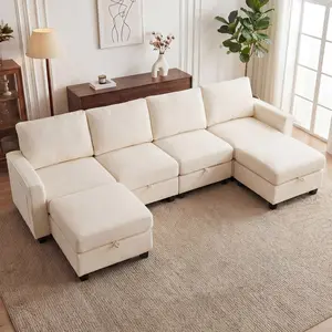 【JOYVELLEHEIM】127" U-Shaped Modular Sectional Sofa with 2 Ottomans, 6 Seat Oversized Chenille Couch with Storage, Quick Connect Convertible Sofa, Removable Covers, Deep Seat Sofa with Side Pockets, Beige，Blue，Gray