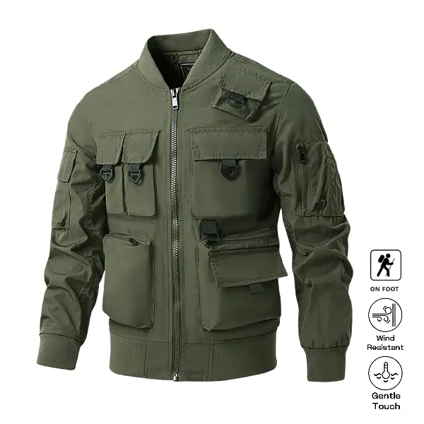 Men's Tactical Bomber Jacket, Multi-Pocket Outdoor Utility Coat, Wind-Resistant Military Style Field Jacket, Lightweight Cargo Zip-Up for Travel and Hiking