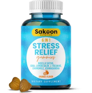 Sakoon Nutrition 6-in-1 Stress Relief Gummies for Better Sleep Immunity and Focus Orange Flavor GABA Lemon Balm L-Theanine Chamomile Ashwagandha - Fitness