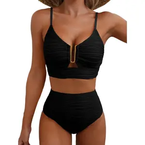 2026 V-neck hollow-out swimsuit, high-waisted textured ruched swimsuit for women