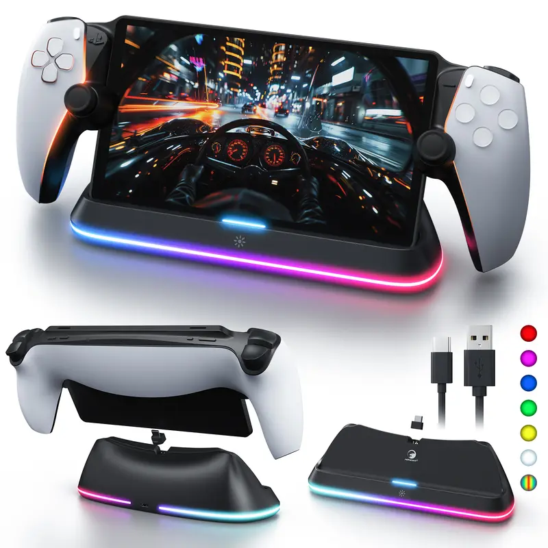 APTGAME Magnetic Snap-In Charging Stand for PS Portal Remote - PlayStation Portal Charging Dock with 7 RGB Light Modes, USB-C Connector, Cable, Accessories Enhances Visual Appeal for Gaming PS5 Console Users