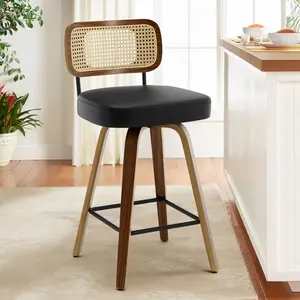 BEKRVIO PU Leather Swivel Counter Height BarStool with Back and Bent Wood Legs Lychee Grain Ergonomic Design for Kitchen Counter Chairs