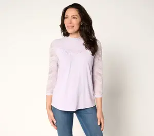 LOGO by Lori Goldstein 3/4 Sleeve Knit Mock Neck Top with Lace