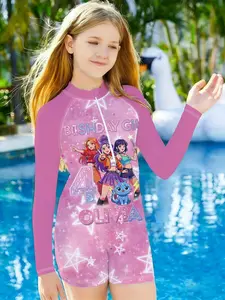 Girls' One-Piece Swimsuit, Slim Fit, K-Pop Theme Birthday Party Design, Party Outfits, Quick-Dry Sun Protection Long Sleeve Swimwear, Beach Pool Surfing, Fun Choice