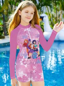 Girls' One-Piece Swimsuit, Slim Fit, K-Pop Theme Birthday Party Design, Party Outfits, Quick-Dry Sun Protection Long Sleeve Swimwear, Beach Pool Surfing, Fun Choice