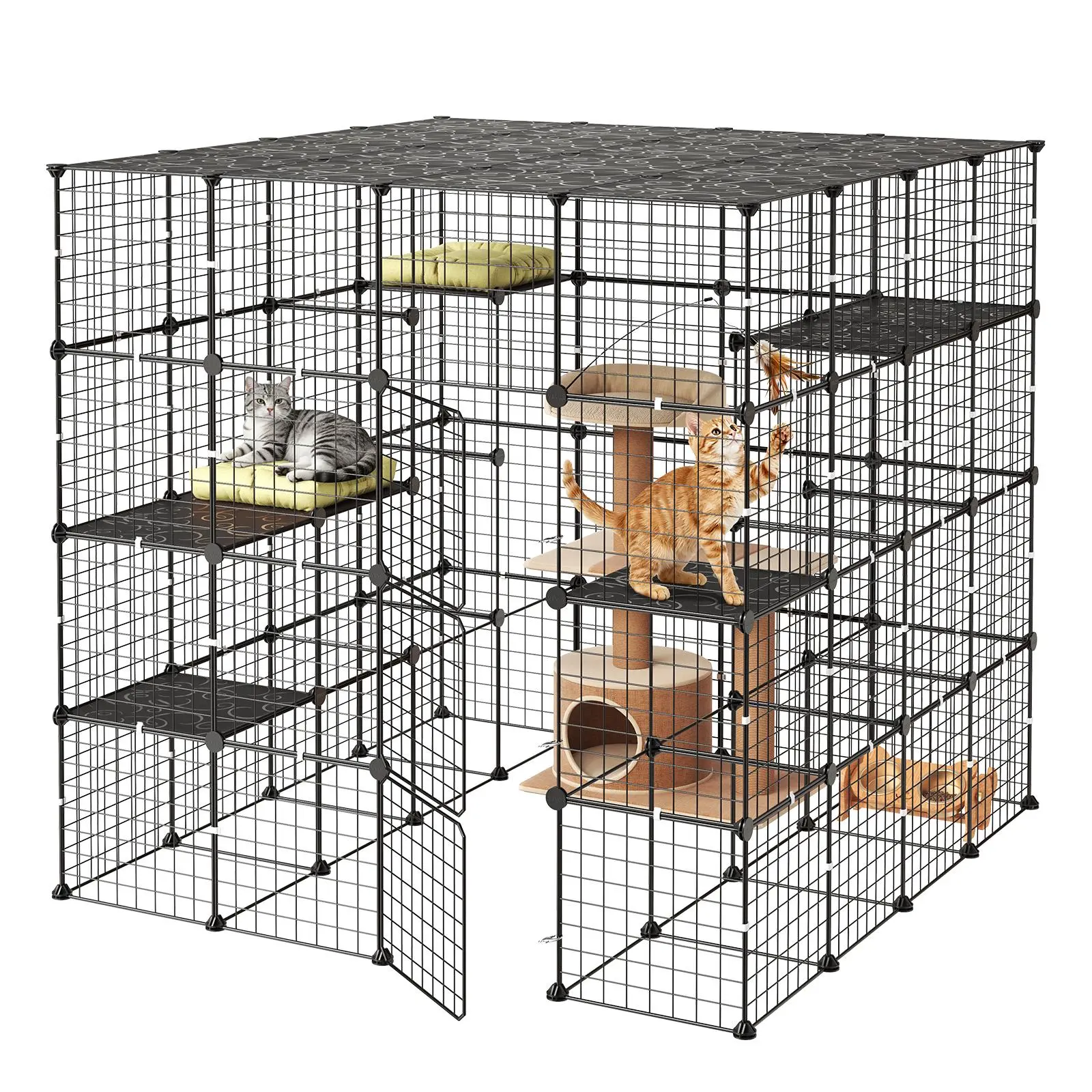 VEVOR Multi-Level Steel Wire Cat Cage, 4-Tier 55"x55"x55" Large DIY Custom Setup Enclosed Indoor Playpen, Detachable Kennel Crate with 3 Doors & Locks, Ideal Exercise Area for 2-3 Cats/Kittens/Small Animals, Black