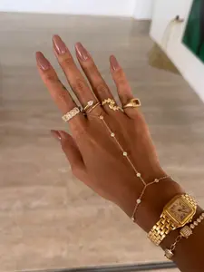Stainless Steel Zircon Finger Cuff Bracelet, Titanium Steel Full Drill Stackable Jewelry, Fashion Beach Wear, Chic Hand & Ring Set