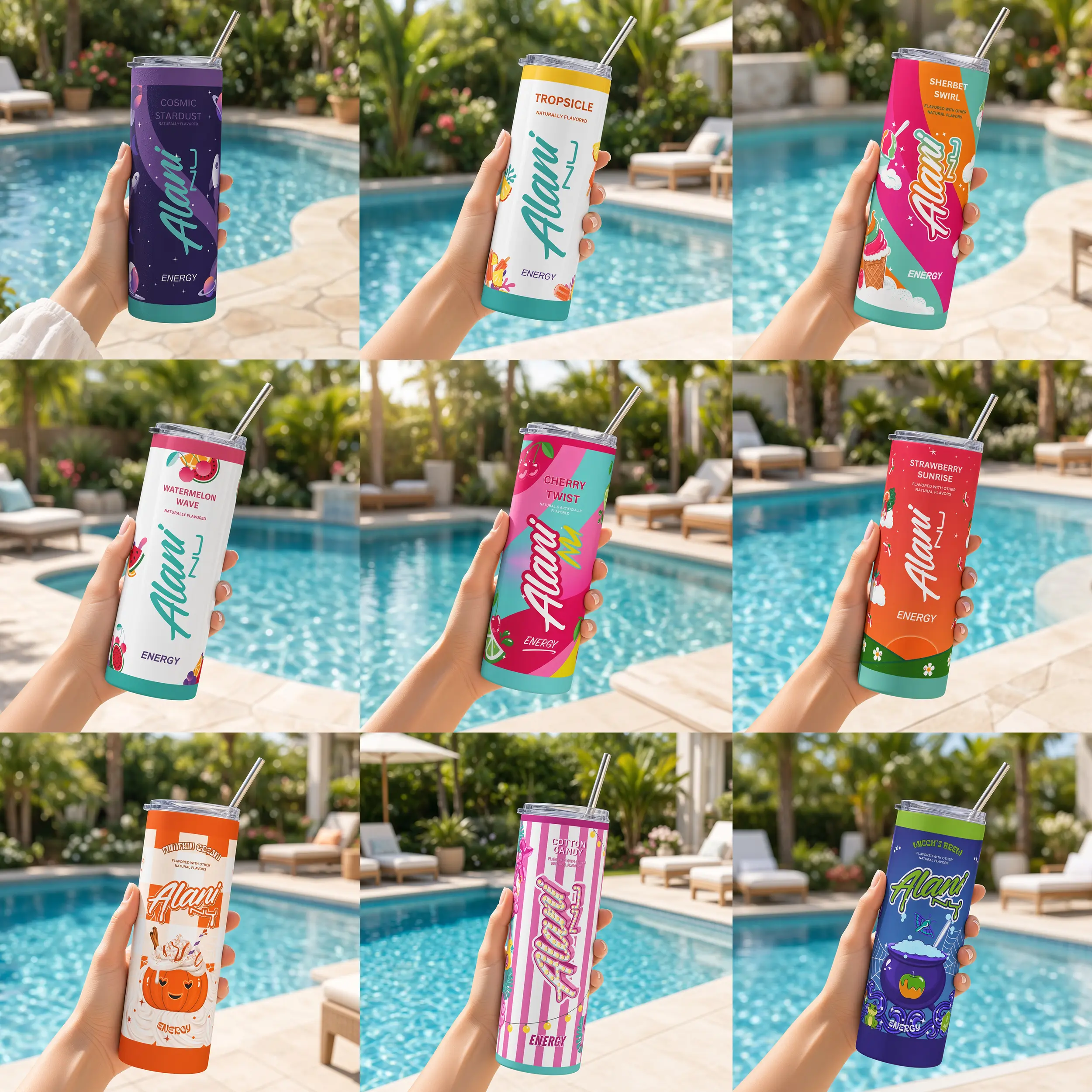 Alani Nu Energy Drink Variety 20oz Skinny Tumbler, Cosmic Stardust, Tropsicle, Sherbet Swirl, Watermelon Wave, Cherry Twist, Strawberry Sunrise, Pumpkin Cream, Cotton Candy and Witch’s Brew Stainless Steel Travel Cup with Lid and Straw