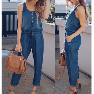Woman's Sleeveless Vintage Loose Denim Jumpsuit, Lightweight Breathable Skin-friendly Drawstring Waist Jumpsuit, High Waist Cropped Roll Hem Casual Outfit With Pockets, For Weekend Street Date Picnic Commute Travel, Retro American Style OOTD