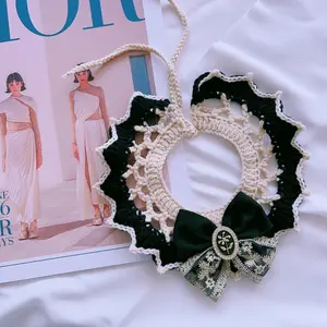 Vintage-Inspired Crochet Cat Collar & Matching Bow Scrunchie Set - Handmade Soft Milk Cotton Yarn, Adjustable Fit for Cats 8-18 lb, Gentle on Strands