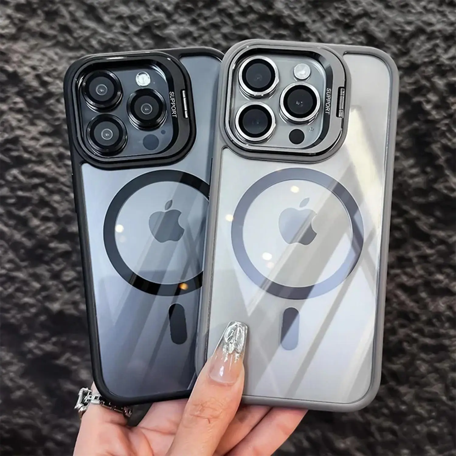NUYETE Metal Lens Kickstand Case for iPhone 17 Pro Max 17 Air 16 15 14 13 12 Pro Max, Clear Acrylic Magnetic Case with Camera Lens Protector, Compatible with MagSafe Charging