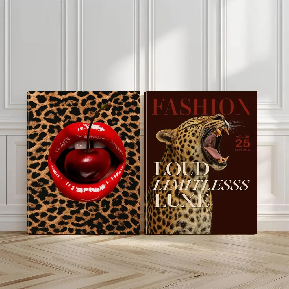 2pcs Leopard Print Design Wall Art, Bold Cherry Poster, Inventory Style Art Prints, Home Decor, Art Work For Wall Decor, Modern Wall Paintings, Minimalist Canvas Posters, Decor for Living Room, Bedroom, Housewarming Gift, With Frame