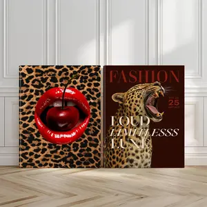 2pcs Leopard Print Wall Art, Bold Cherry Poster, Inventory Style Art Prints, Home Decor, Modern Home Decoration, Modern Wall Paintings, Minimalist Canvas Posters, Decor for Living Room, Bedroom, Housewarming Gift, With Frame