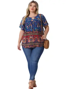 Agnes Orinda Women's Plus Size Keyhole Ruffle Short Sleeve Top Retro Vintage Boho Floral Summer Top Blouse