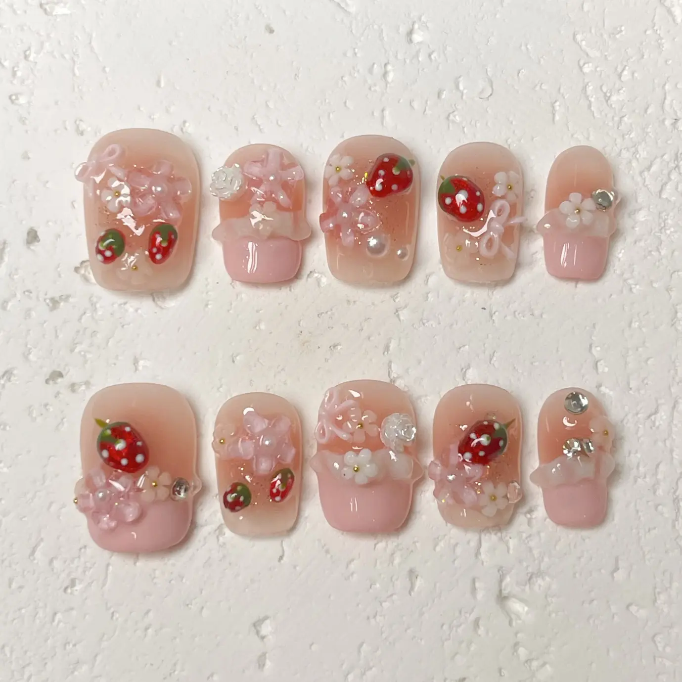 [Strawberry Cake] Short Square Handmade Press on Nails, Fake Nails with Nail tool kit with Jelly Stickers, Reusable, Durable