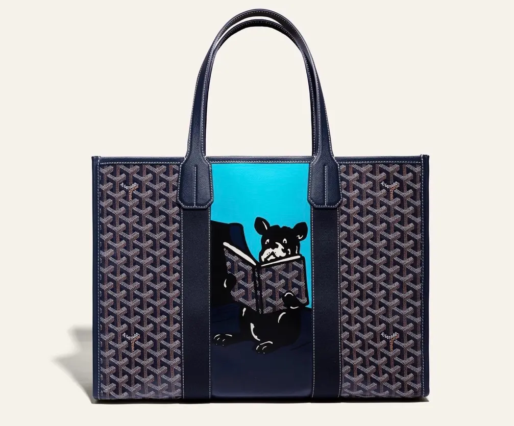 Pre-owned Goyard Villette Tote Bag Blue Goyardine Canvas Hulot French Bulldog Hand Printed 2602386