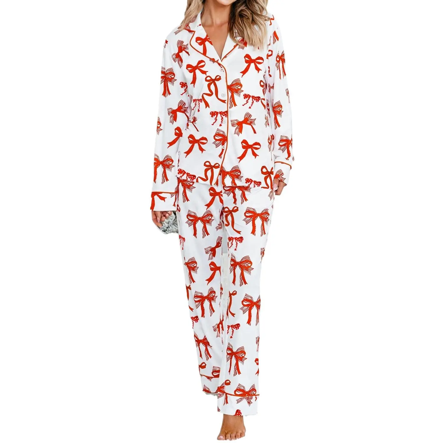 Women's 2-Piece Long Sleeve Red Christmas Bow Print Pajama Set - Cozy Lady's Nightwear & Loungewear for Holiday Comfort