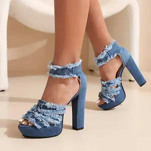 Women's Denim Platform High Heels, Fashionable Peep Toe Ankle Strap Back Zipper Sandals, Versatile Dress Pumps