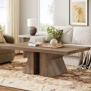 LITTLE TREE Wood Coffee Table, 47-Inch Rectangular Center Table with Thick Wooden Base, Farmhouse Wood-Look Cocktail Table for Living Room