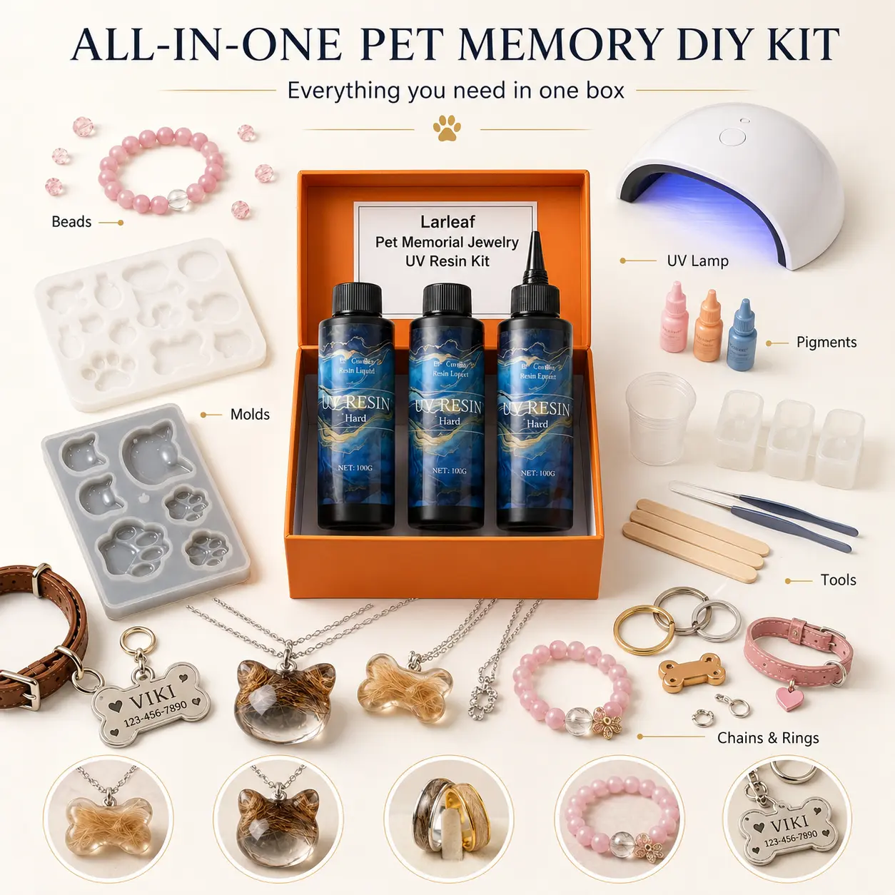 Pet Hair Keepsake UV Resin Kit, DIY Pet Memorial Jewelry Making Supplies with UV Curing Lamp, Silicone Molds, Necklace, Ring, Bracelet, Keychain and Beads, Sympathy Remembrance Gift for Dog Cat Pet Owners