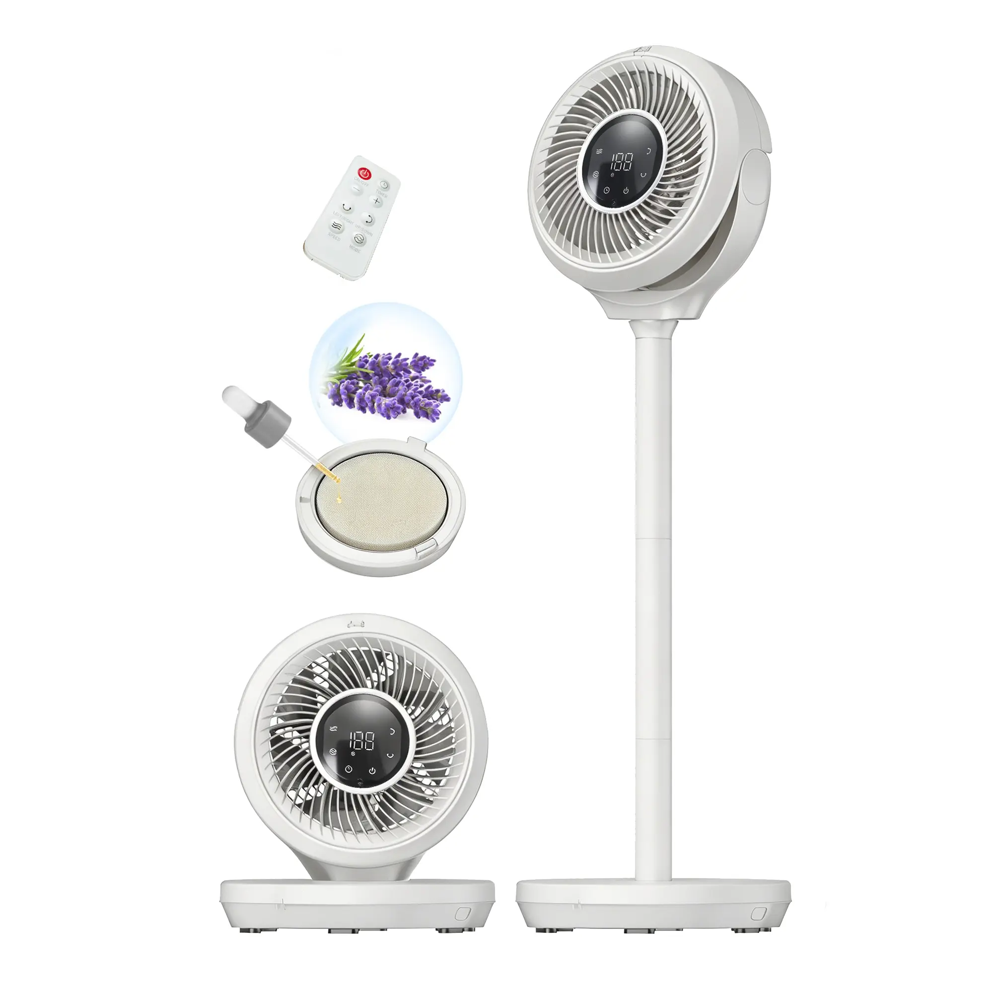 Pedestal Air Circulator Fan, 25dB Ultra Quiet 2-in-1 Design, 15 Speeds, 3 Modes, 360° Oscillation, 4-Level Height Adjustable, 12H Timer, Remote Control, Aroma Function, Easy Storage for Whole House Use