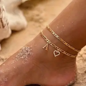 KissYan Gold Layered Initial Anklet for Women, Iced Out Open Heart Charm Ankle Bracelet with Figaro & Flat Link Chain Summer Beach Jewelry
