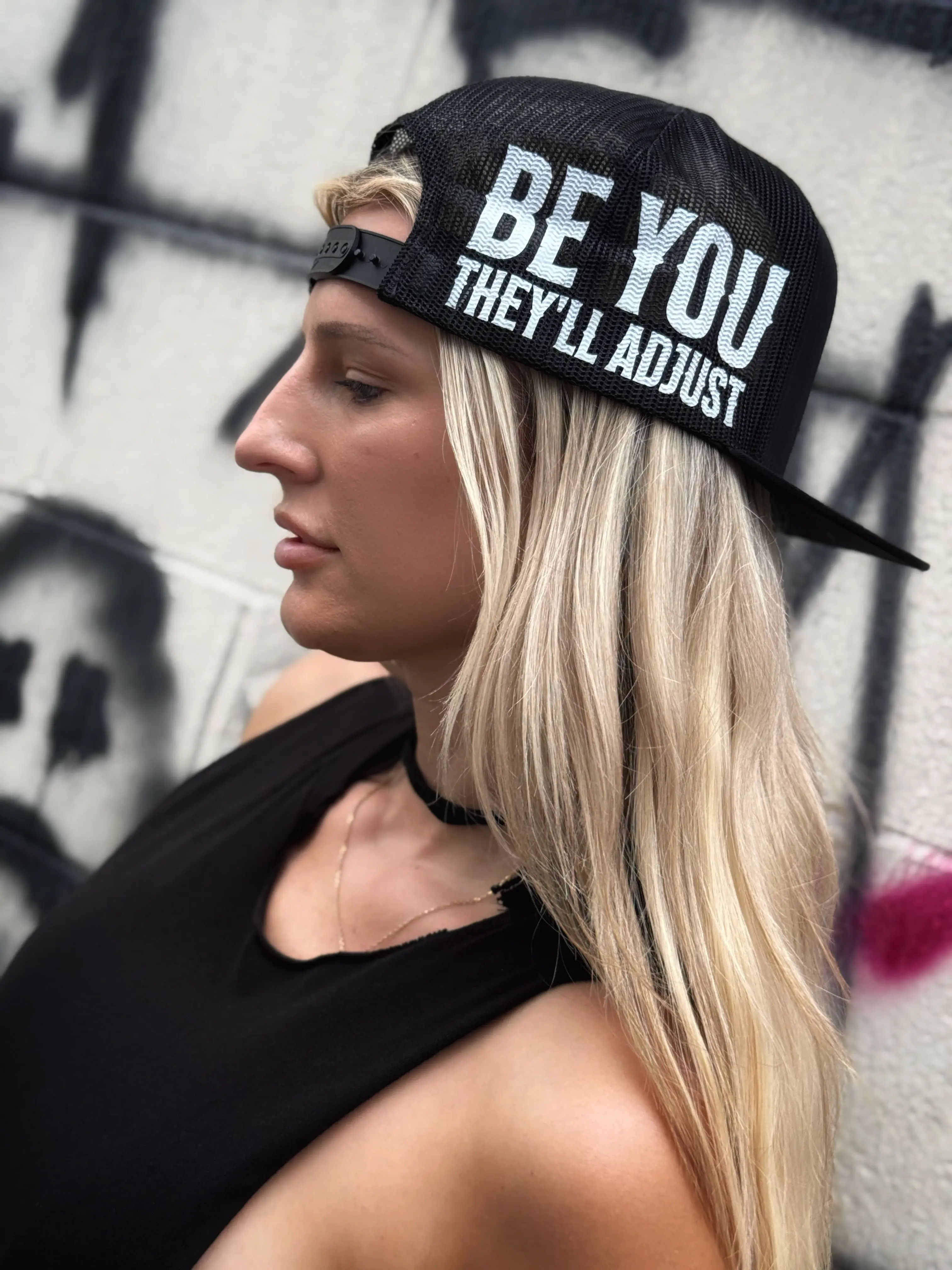 Basic "BE YOU They'll Adjust" Side-Style Flat Bill Baseball Cap - Adjustable Trucker Snapback with Mesh Panel, Adjustable Caps, Trucker Snapback Hat